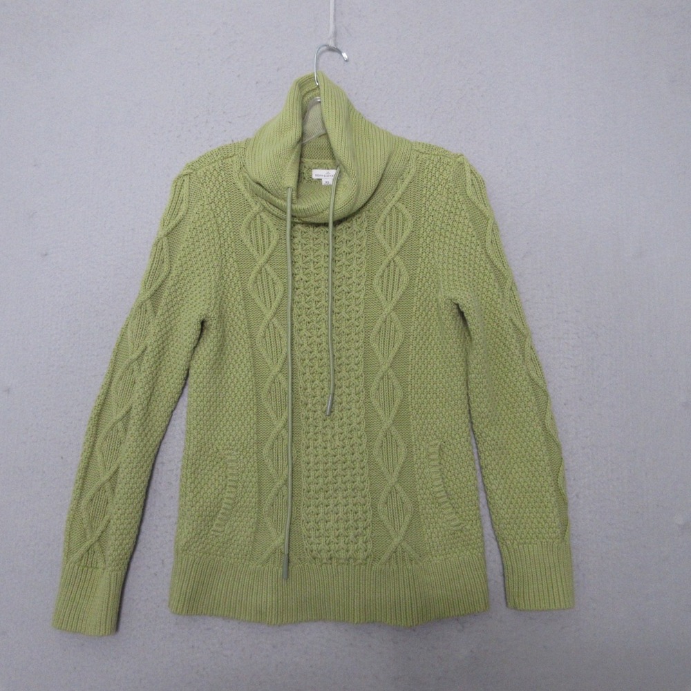 LL Bean Signature Sweater XS Green Funnel Neck Fisherman Cable Knit Heritage